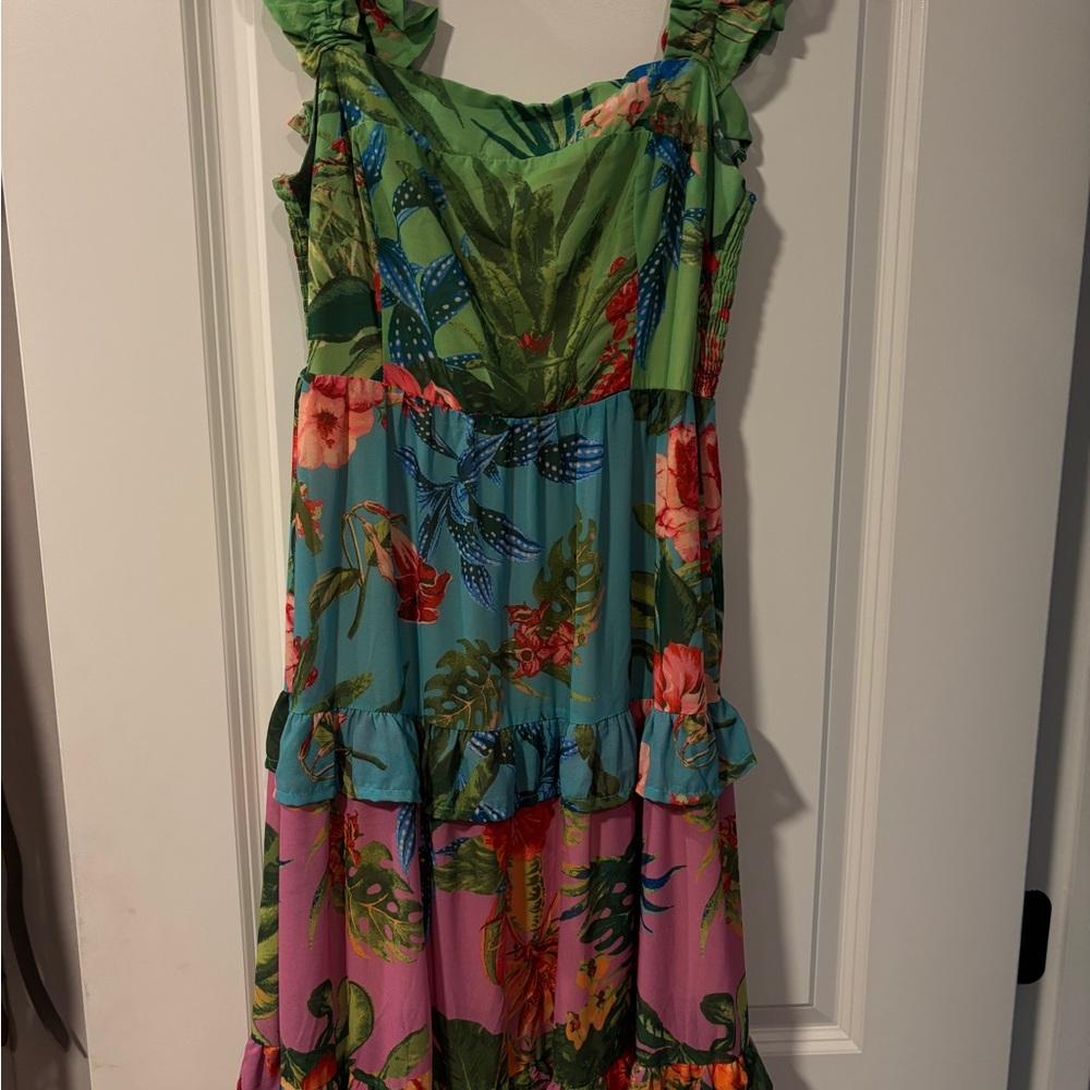 Floral tropical multi color Avara Ruffle Dress in Green and Pink maxi dress